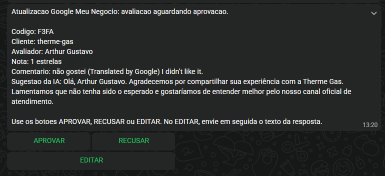 Notificação WhatsApp Therme Gás: avaliação 1 estrela aguardando aprovação com botões Aprovar, Recusar e Editar