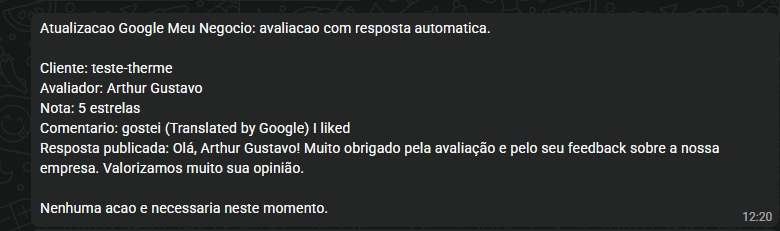 Notificação WhatsApp Therme Gás: avaliação 5 estrelas respondida automaticamente no Google Meu Negócio